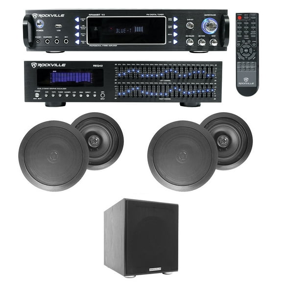 Home Theater Bluetooth Receiver EQ (4) Black Ceiling Speakers 8" Subwoofer