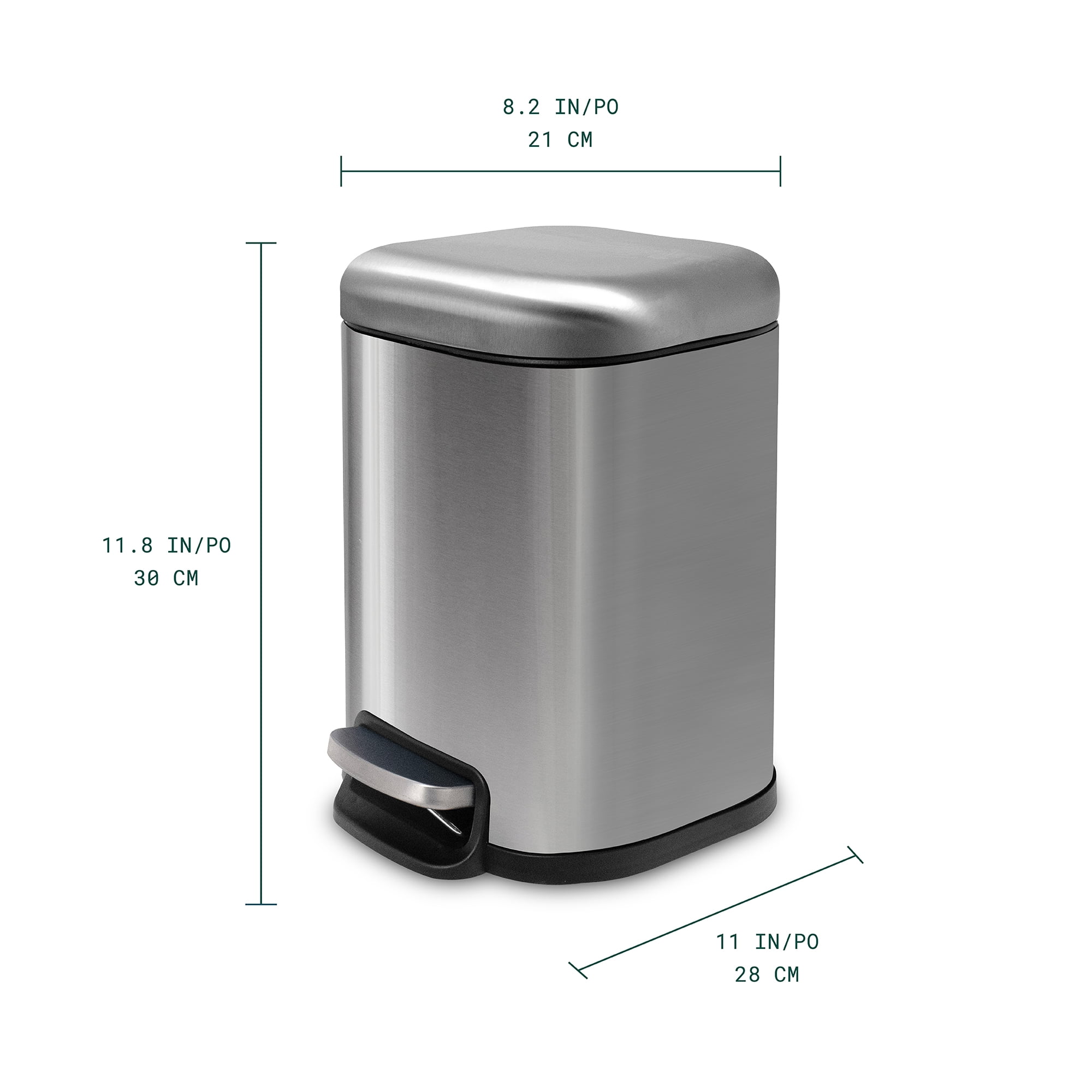 Acento Cubo Square Step Trash Can, 1.6 Gallon Compact Bathroom Waste Bin with Soft Close and Stay Open Lid, Removable Inner Bucket, Brushed Stainless Steel