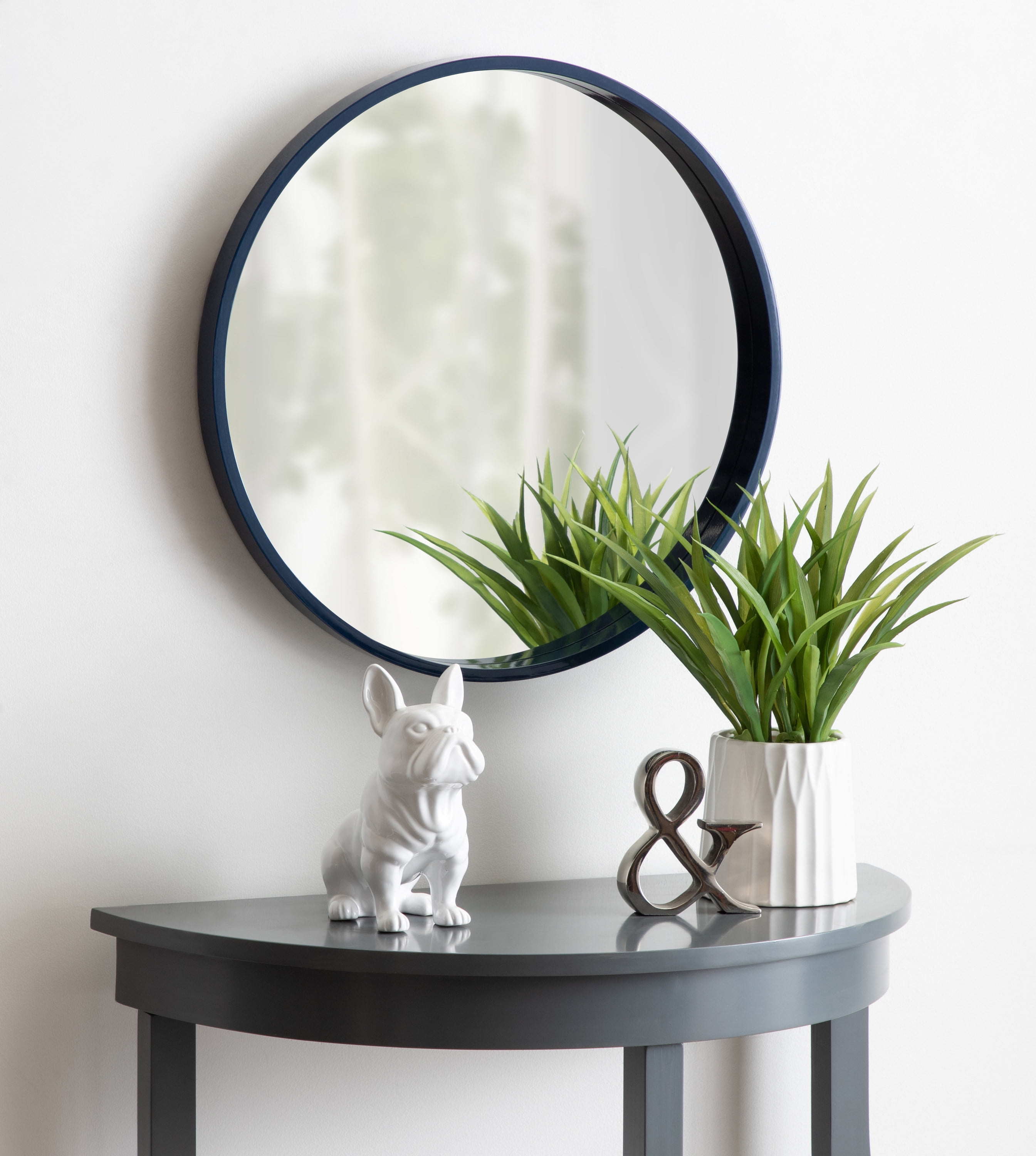Kate and Laurel Travis Round Wood Wall Mirror, 21.6" Diameter, Navy Blue, Modern Wall Décor Accent