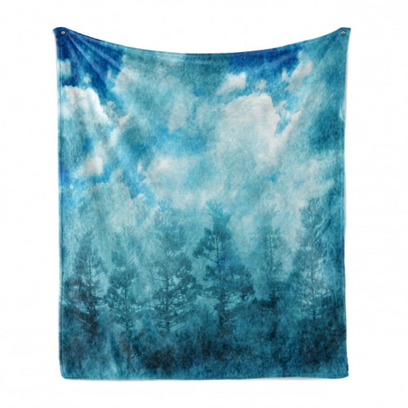 Grunge Soft Flannel Fleece Throw Blanket, Grunge Abstract Illustration with Night Forest Cloudy Sky Nature Landscape Picture, Cozy Plush for Indoor and Outdoor Use, 70" x 90", Blue Teal, by Ambesonne