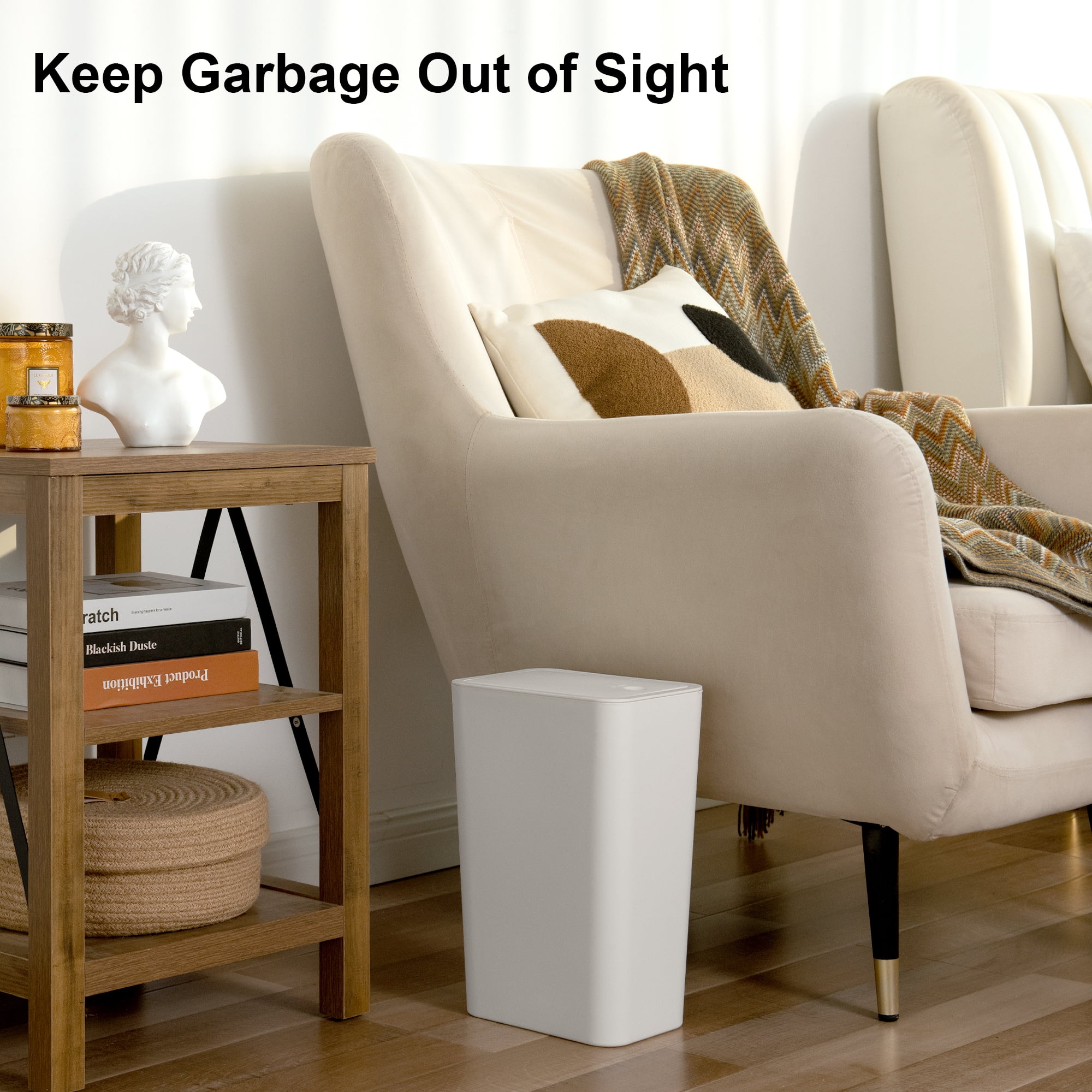 3 Pack Slim Plastic Trash Can, 2.6 Gallon Garbage Can with Press Top Lid, Modern Waste Basket for Bathroom, White