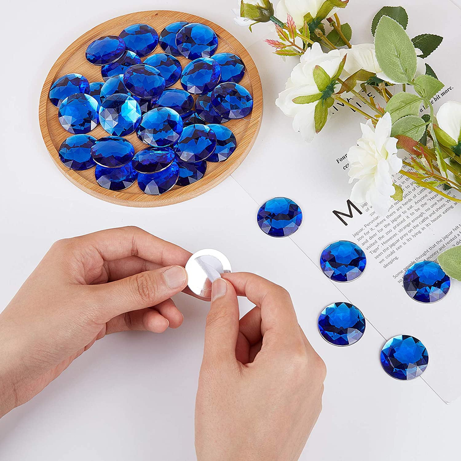 50Pcs 30mm Flat Back Round Acrylic Rhinestone Self-Adhesive Plastic Circle  Gems Stick On Jewels(Blue) for Costume Making Cosplay Jewels Invitation