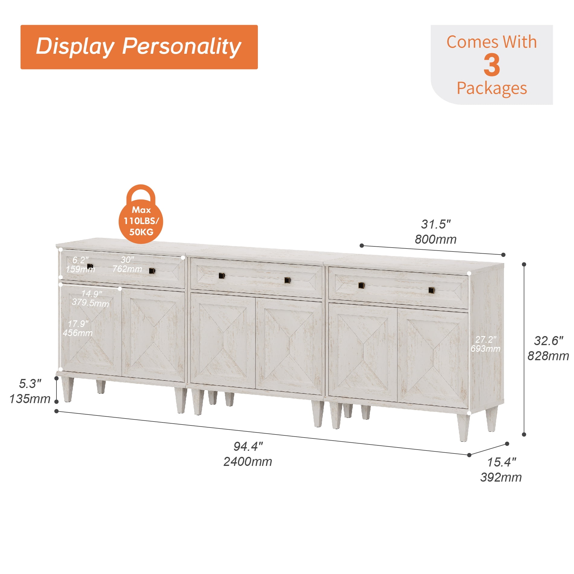 WAMPAT Handmade Patchwork 94.5" TV Stand with Cabinet, Fits up to 100" TV, White