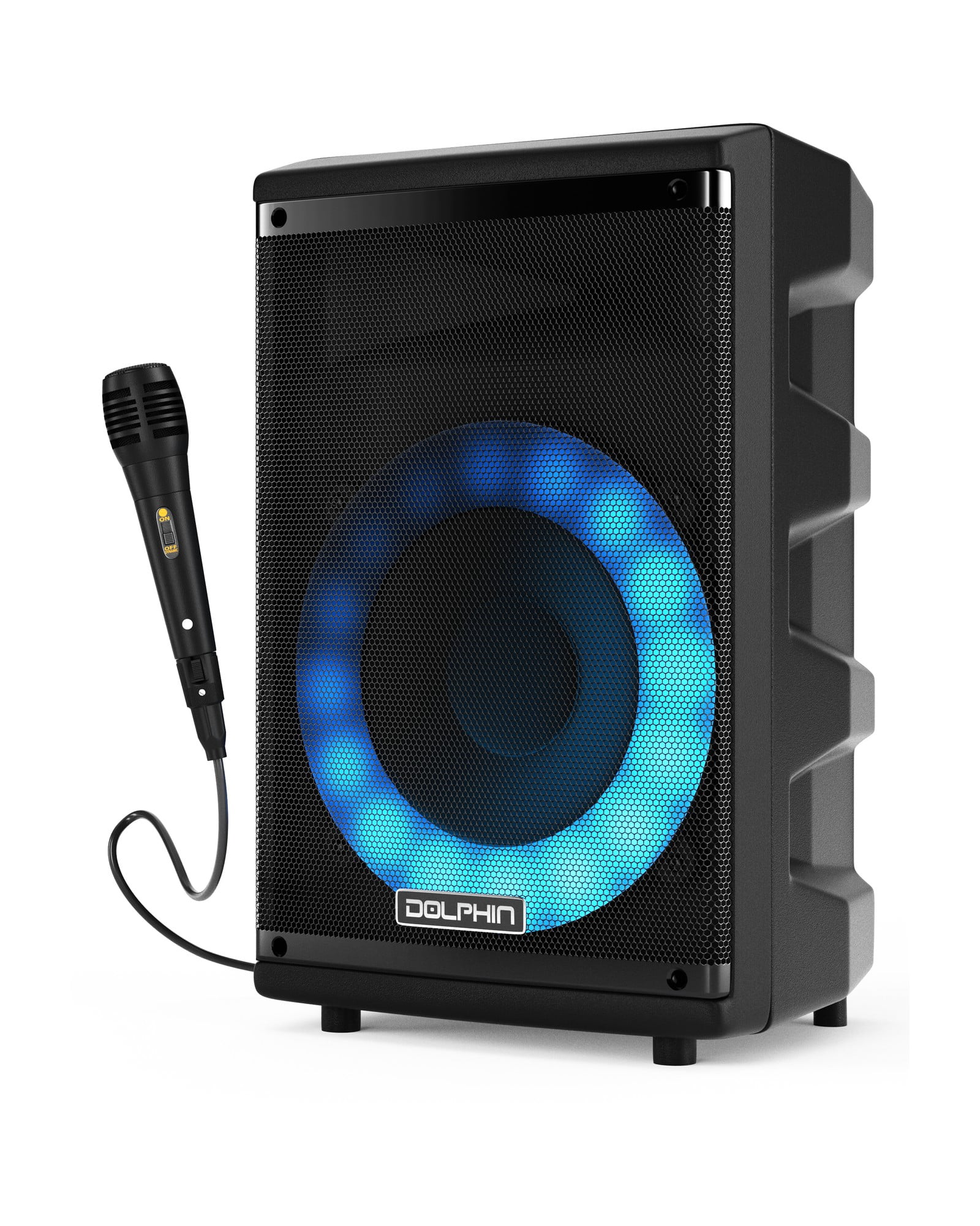 Dolphin 2x Dual 8" Party Speakers with 2x LED Speaker Stands Bundle – Bluetooth, Built-in Rechargeable Battery, Wired Microphones, and Adjustable LED Stands for Events, Karaoke, and Outdoor Use