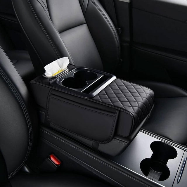 Multifunctional PU Leather Car Armrest Storage Box & Organizer, Height Increasing Console Pad with Cup Holder, Paper Towel Dispenser, Side Pockets for Vehicle Interior