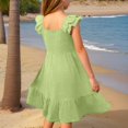 thumbnail image 4 of Robe pour Filles Été Unie Smockée Sans Manches Robe d'Été pour Enfants Filles Décontractée Plage Vacances Robes Robe Ado Fille Vert Pâle 13 Ans-14 Ans, 4 of 7