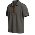 thumbnail image 5 of FINALGANG Mens Solid Color Polo Neck Short Sleeve Waffle Knit Lace Up TShirt For Casual Daily Wear Bohemian Style Outings Themed Party Activities Grey S, 5 of 8