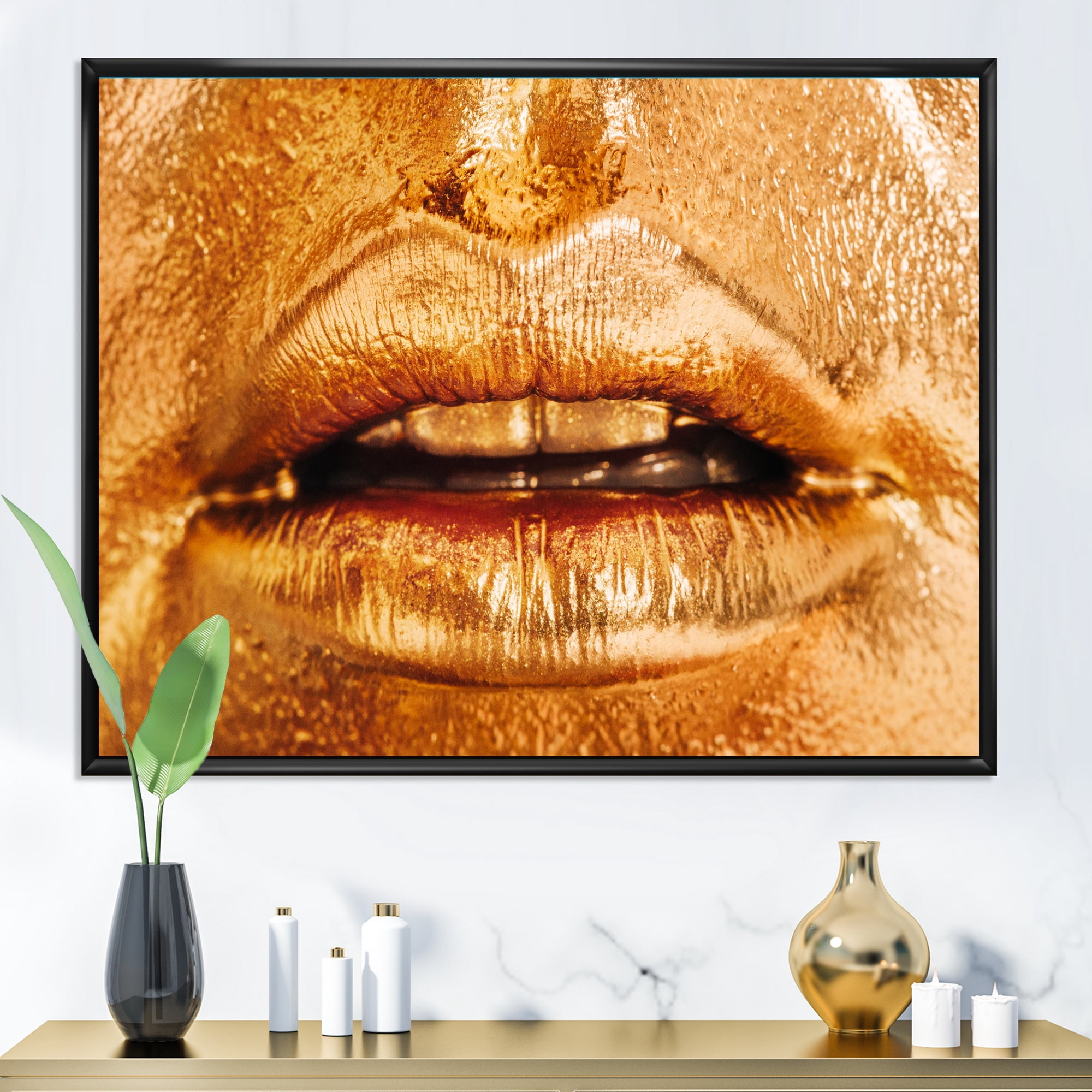 Designart 'Close Up Of Female Lips With Bright Golden Makeup' Modern Framed Canvas Wall Art Print