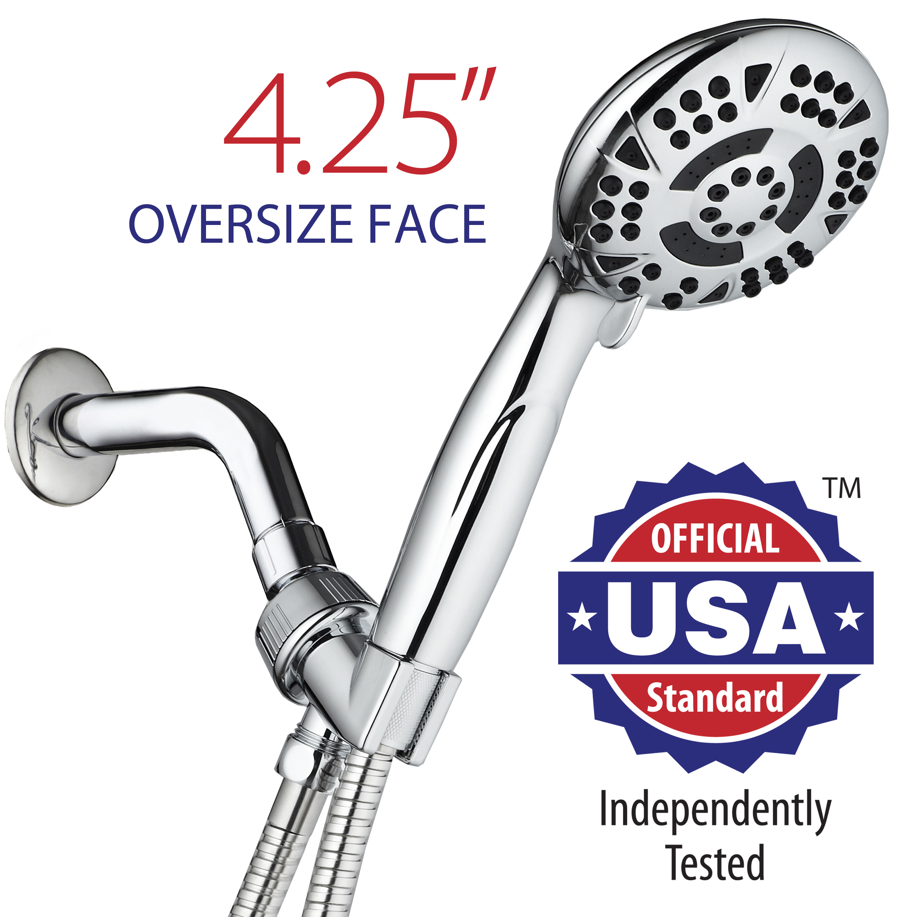 AquaDance High Pressure 6 Setting 4.15 inch Chrome Face Hand Held Shower Head with Hose - image 2 of 7