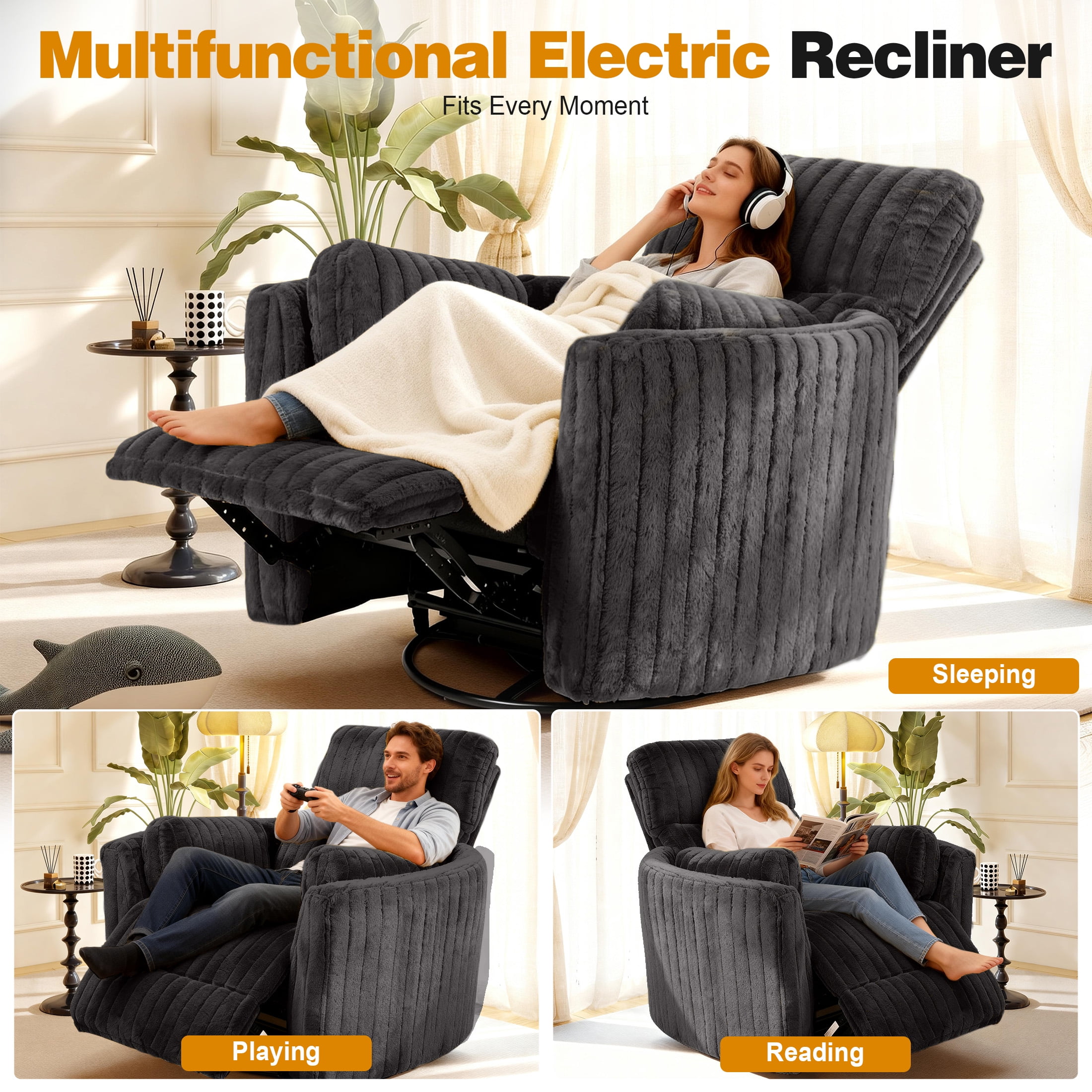 Aukfa Swivel Rocking Glider Power Recliner Chair with 24" Wide Seat & Type-C & USB Ports, Gray