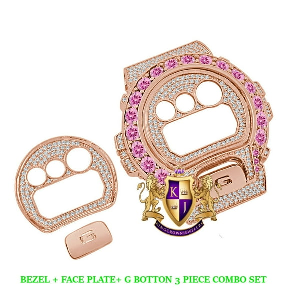 Solitaire Soft Pink Rose Gold Tone G Shock DW-6900 Simulated Diamond Watch Custom Cover Case Face Plate Bezel G Button 3 Piece Set