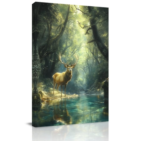 Canvas Wall Art Green Forest Deer Framed Canvas Prints for Hallway Living Room Fantasy Vintage Nature Scenery Extra Large Gallery Wrapped Wall Decor for Home Office Gifts 20 x30 Ship Next Day