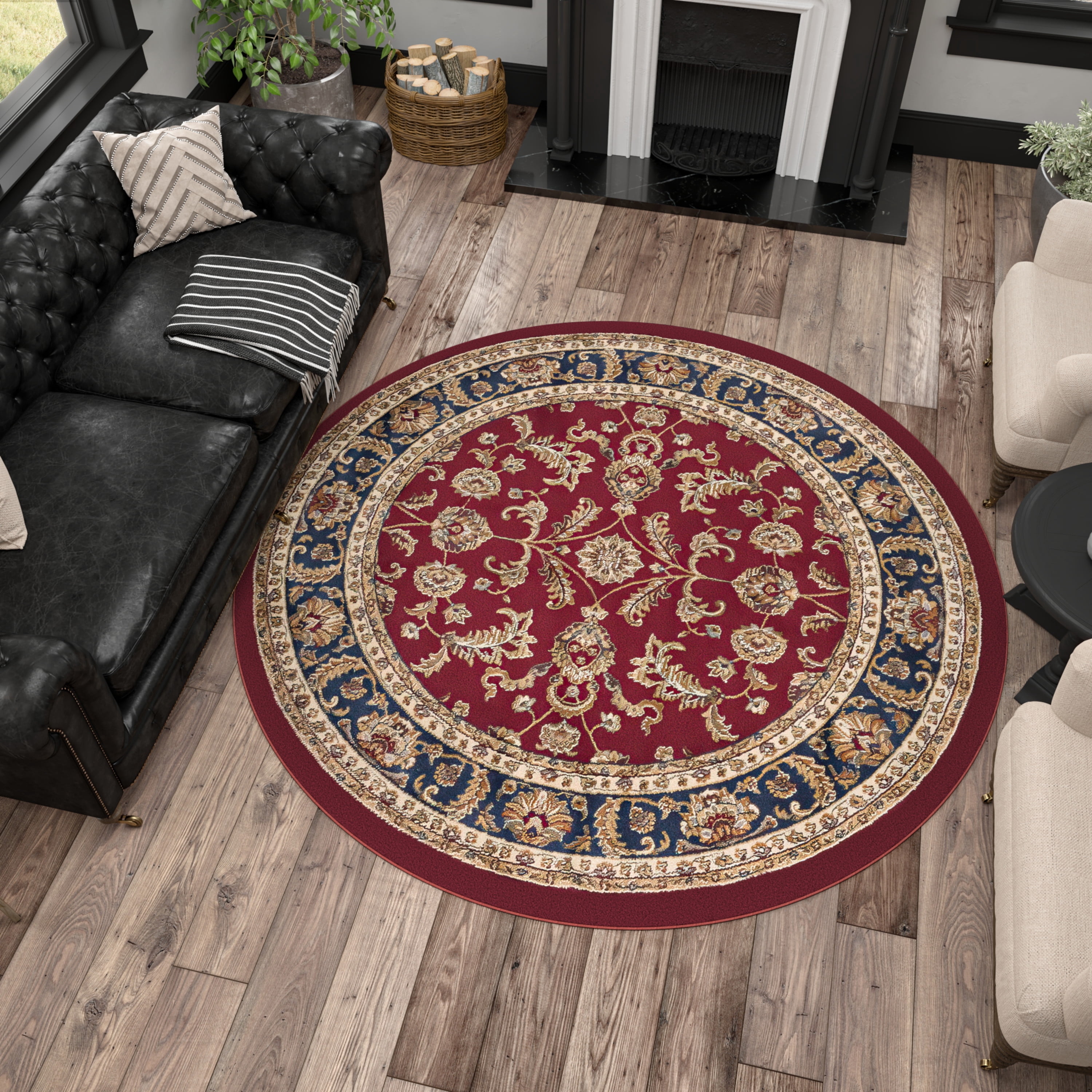 Sensation Transitional 5' Round Red and Beige Polypropylene Indoor Area Rug