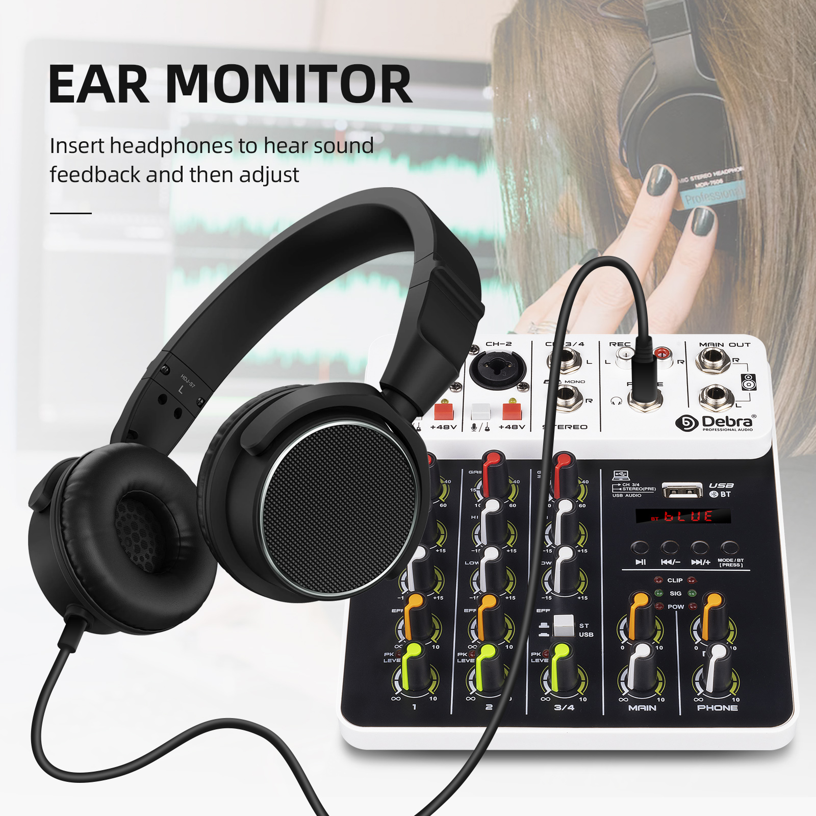 Audio Mixer D Debra Audio  V4 4-channel Audio Mixer with Per Mics, MP3/USB Bluetooth, 48V Phantom Power for Live, Wedding, Party, Recording Broadcast
