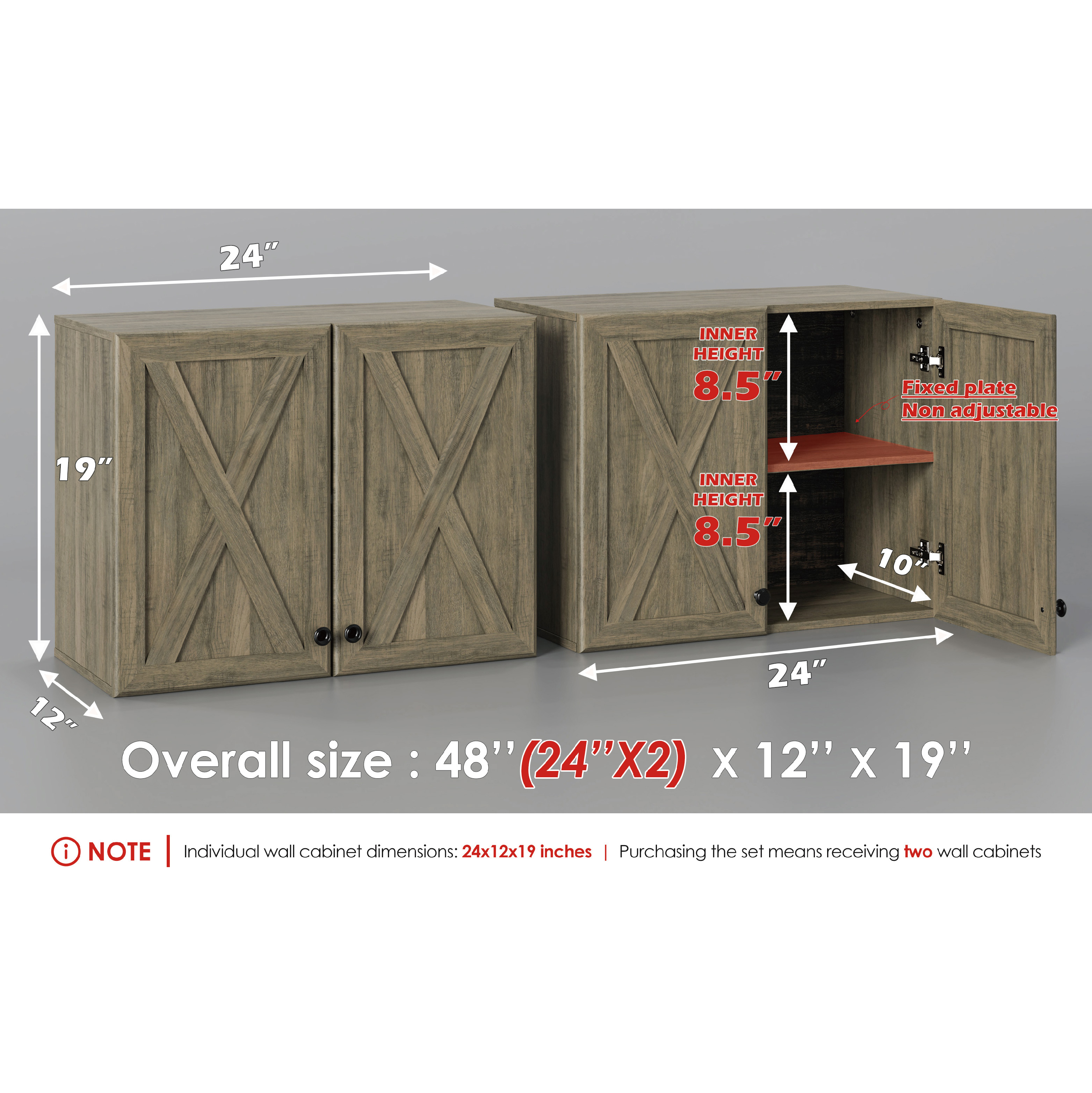 POLIHOME Farmhouse Kitchen Wall Amount Storage Cabinets with Doors and Shelves, One Set of 2 Pieces, Lt Rustic
