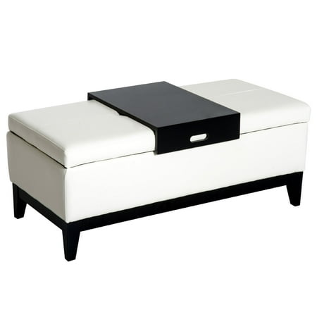 Homcom 42 Rectangular Faux Leather Storage Ottoman Bench With Tray Homcom 42 Rectangular Faux Leather Storage Ottoman Bench With Tray Cream White
