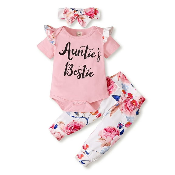 Dooleck Auntie Baby Girl Clothes Infant Ruffle Bodysuit Floral Jogger Pants Outfit