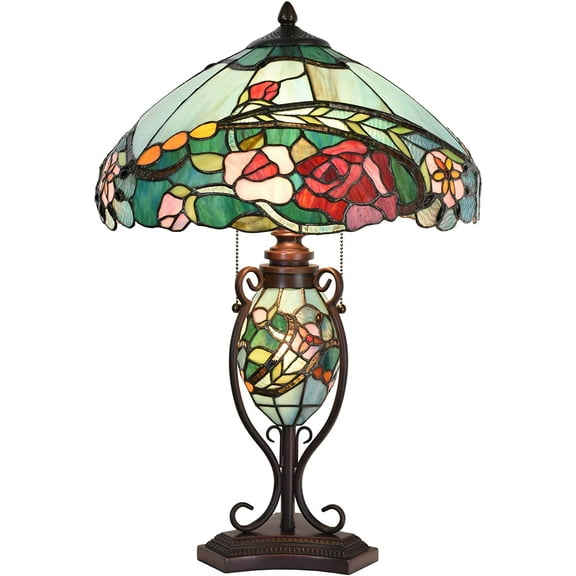 Bieye L10738 Rose Flower Tiffany Style Stained Glass Table Lamp with 16-inch Wide Lampshade Lighted Base, 24-inch Tall