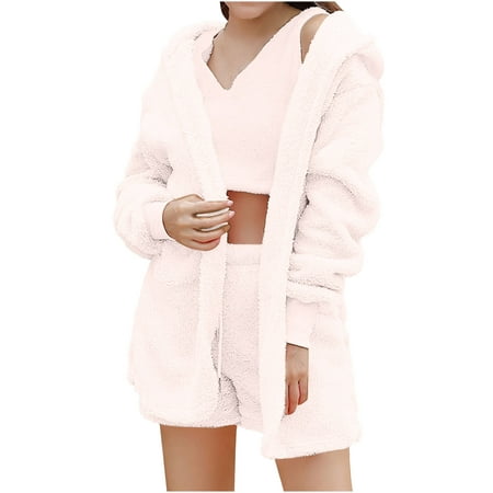 

oieyuz Loungewear Sets for Women Thermal Hooded Coat Soft Short Pants Solid Color Homewear 3 Piece Pajamas Sets
