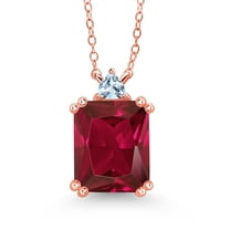 Gem Stone King 5.87 Ct Red Created Ruby Sky Blue Aquamarine 18K Rose Gold Plated Silver Necklace