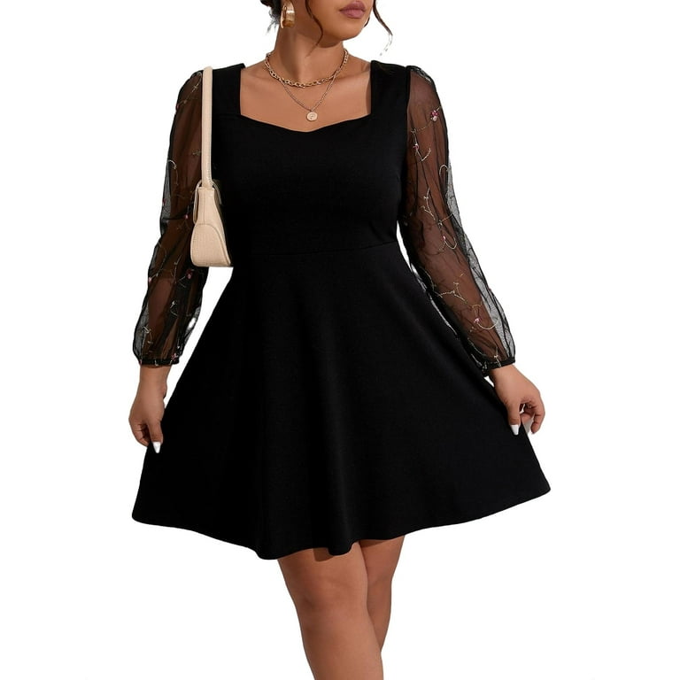 Casual Plain Sweetheart Neck A Line Long Sleeve Black Plus Size Dresses  (Women's Plus)