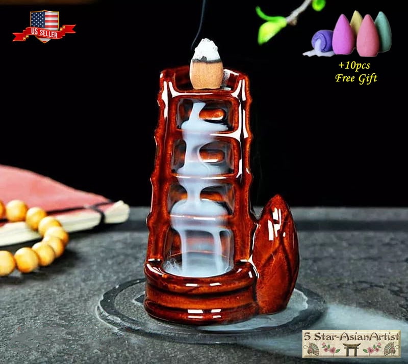 Ceramic Backflow Incense Burner Dragon Mountain Waterfall 60pcs Cones Gift 