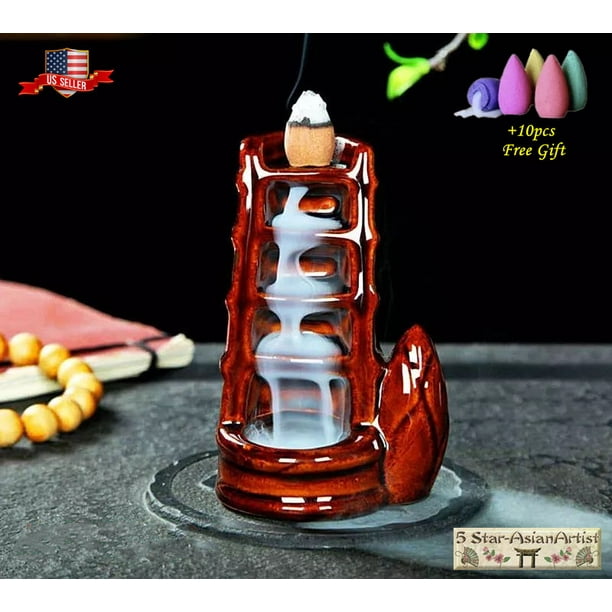 Ceramic Backflow Incense Cones Burner Holder Bamboo Waterfall & 10