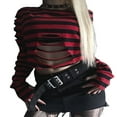 thumbnail image 3 of Long Sleeve Striped Print Loose T-Shirts  Women‘s Distressed Crop Tops, 3 of 9