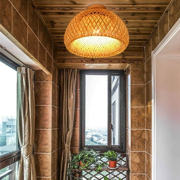 Bamboo Wicker Rattan Light Fixture Mount Hanging Ceiling Lamp for Living Room Bedroom Dining Room,30X18cm