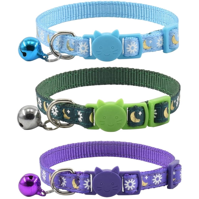 HSHDLDF 3 Pcs Collier pour Chat à Dégagement Rapide avec Clochette, Collier pour Chat Lune Ajustable Mignon Colliers pour Chaton Doux pour Chat Chiot 7-10,2 Po (Bleu Vert Violet)