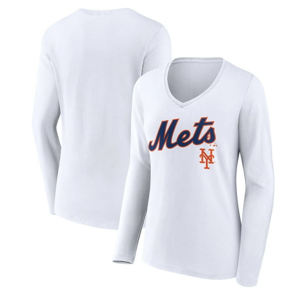 Women's White New York Mets Team Lockup Long Sleeve V-Neck T-Shirt