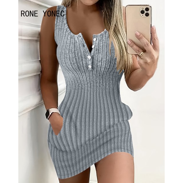 Minivestidos informales de punto sin mangas para mujer, Bodycon con decoración de botones, 2024