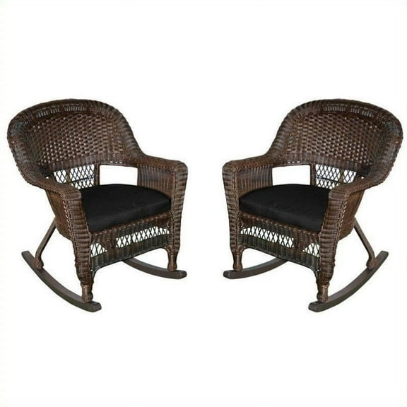 Jeco Rocker Wicker Chair in Espresso with Black Cushion (Set of 2)
