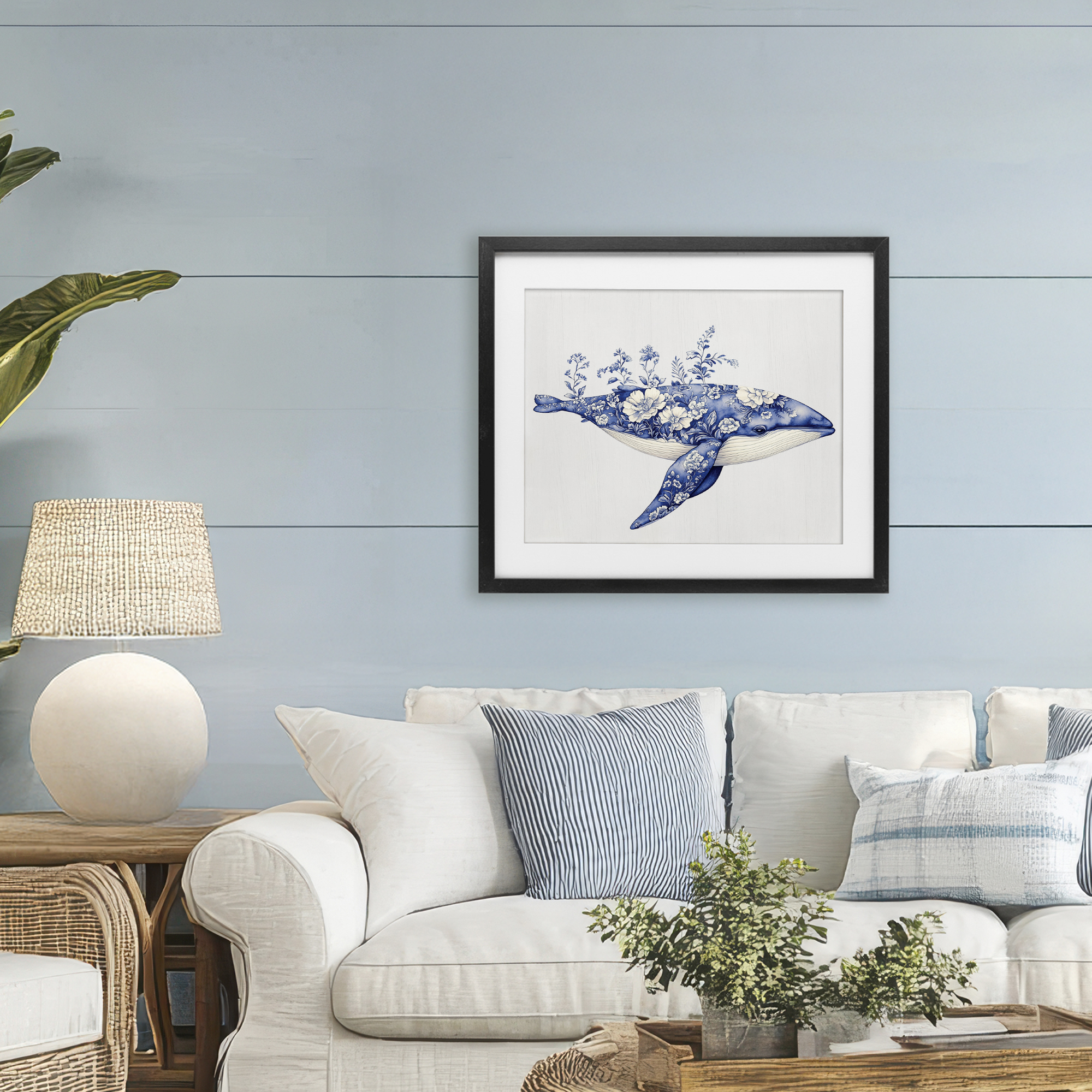 Blooming Toile Whale Black Framed Print Under Glass, design by Lettered and Lined