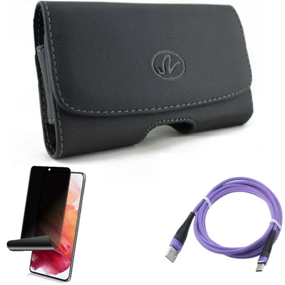 Case Belt Clip w Privacy Screen Protector w 6ft USB Cable for Samsung Galaxy S21 Plus - Leather Swivel, TPU Film Fingerprint Works, Purple Type-C Accessory Bundle