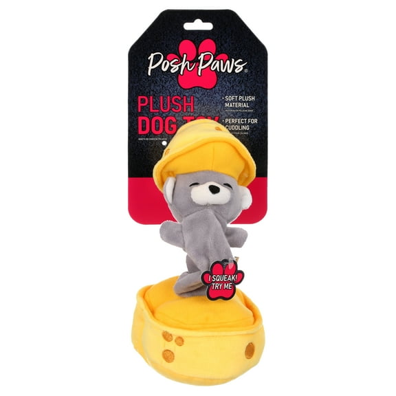 iWorld Posh Paws Plush Peek-a-Boo Mouse & Cheese Dog Toy with Squeaker, Yellow, Medium
