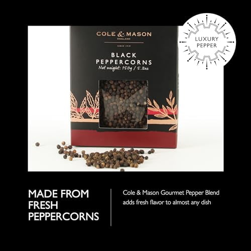 Cole & Mason Gourmet Spice Refill Box - Pairs Well with Chicken, Beef, Pork & More - Peppercorn Refill for Pepper Mill Grinder - Black Pepper 5.3 Oz Box