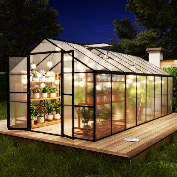 Wallowsun 8 x 16 FT Outdoor Greenhouse, Heavy-Duty Polycarbonate Greenhouse with Aluminum Frame, Lockable Door, Adjustable Roof Vent, Walk-in Green House for Backyard, Garden, Patio