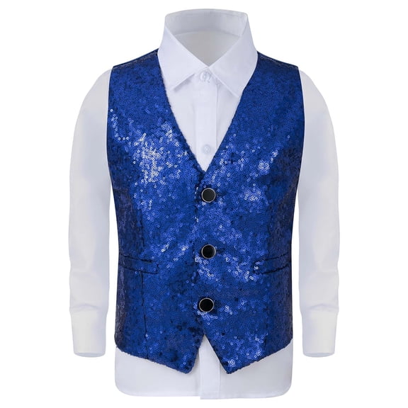 Bmisegm Boys Vest for Stage Performance and Hosting Events Glitter Sleeveless Top with Sequins for Kids Shows and Parties 9-10 Years 140