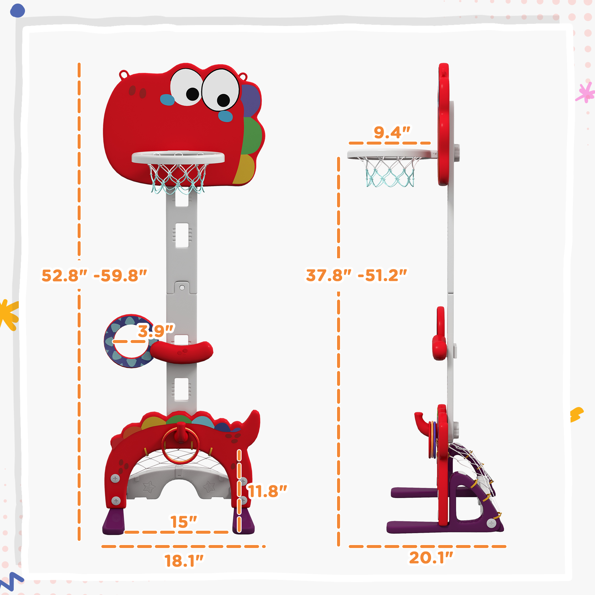 5-in-1 Kids Basketball Hoop, Toddler Sports Activity Center, 5 Level Adjustable Height Basketball Goal with Soccer, Golf, Ring Toss & Throw Ball Game for Boys Girls 3-6 Years Indoor, Red