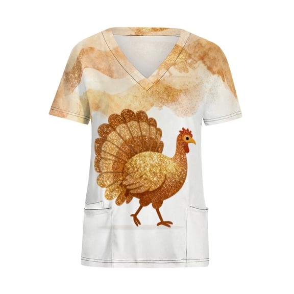 QATAINLAV Thanksgiving Shirts for Women Scrubs Tops Short Sleeve V-neck Working Uniform With Pockets Turkey Printed Nursing Uniform Blouse