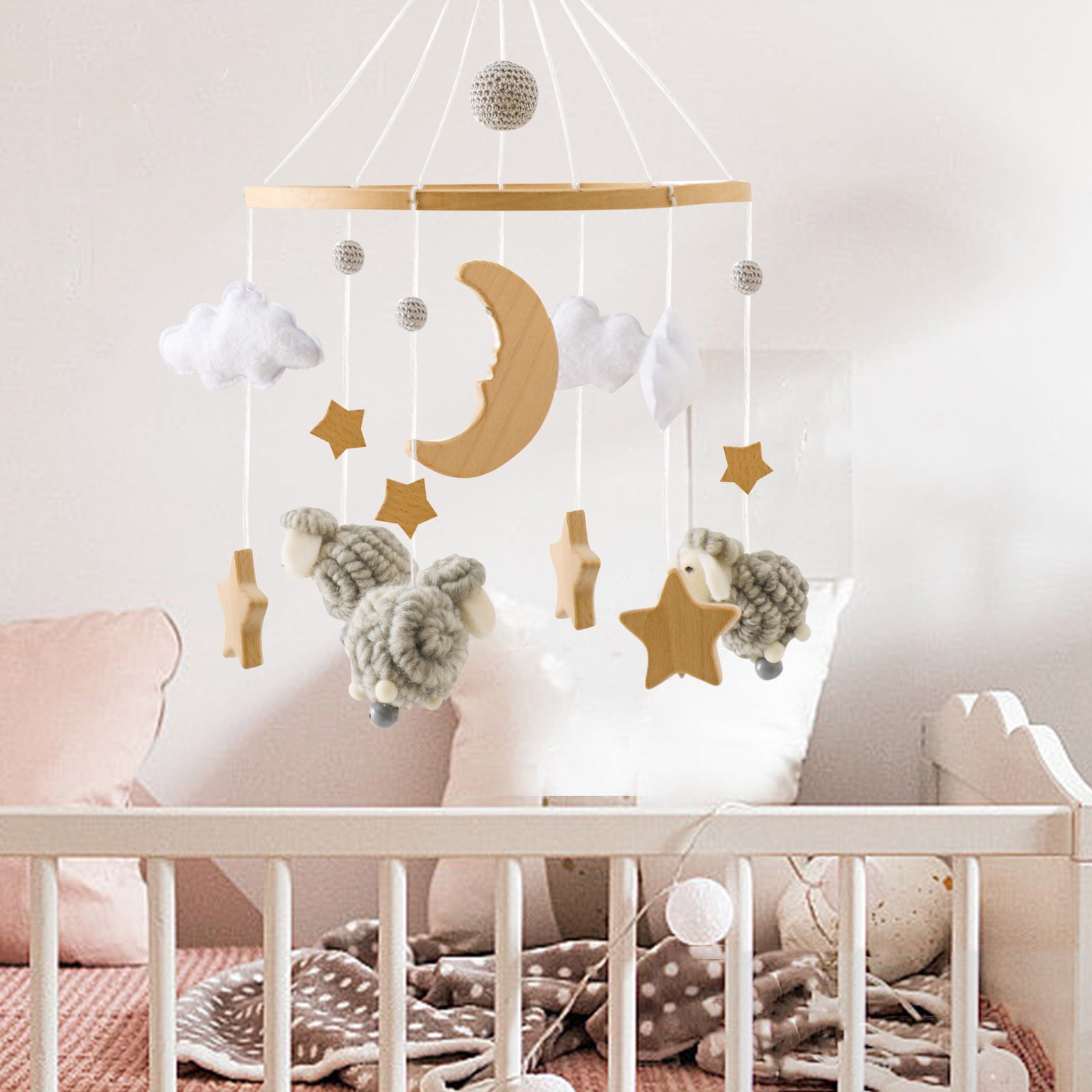 Baby Crib Mobile, Gaqring Handmade Wooden Felt Mobile for Newborns, Natural Bamboo Fiber Hanging Wind Chime Bed Decor Safe Soft Nursery Gift, Gray