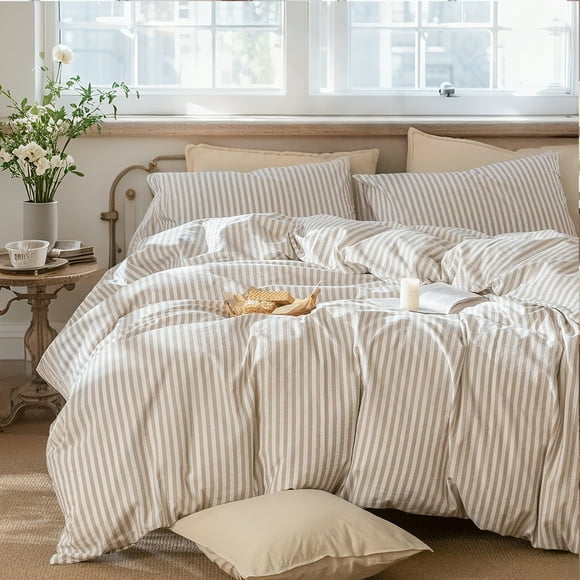 JOLUSERE 100% Organic Cotton Striped Duvet Cover Twin Set, 2-Piece Linen Like Textured Breathable Comforter Cover (Beige& White Classic Stripes)