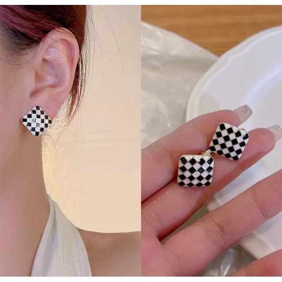 Clip on 1/2" gold, black & white checkered square earrings