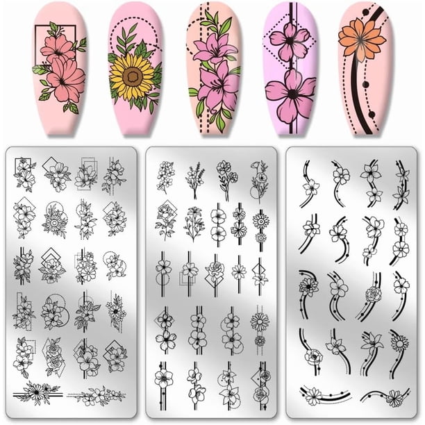 Juego de 3 placas para estampar uñas con diseño de flores geométricas y líneas, plantillas para uñas con estampado de plantas, placa de acero inoxidable con imagen para uñas.