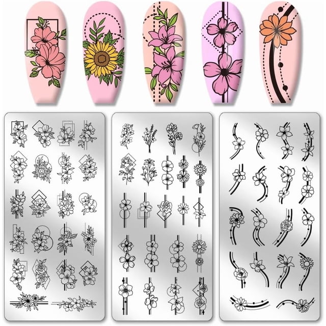 Juego de 3 placas para estampar uñas con diseño de flores geométricas y líneas, plantillas para uñas con estampado de plantas, placa de acero inoxidable con imagen para uñas.