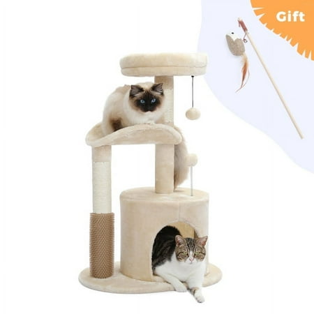 Small Cat Tree for Indoor Cats Medium Cat Tower with Interactive Cat Toy 32.7 Cat Condo with Self Groomer Brush Natural Cat Scratching Post Dangling Balls for Small & Medium Cats Beige
