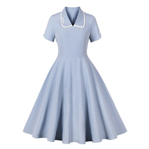 Gnshining Summer Mini Dresses for Women Solid Color Button Dress Crew Neck Wedding Guest Dress Ruffle A-Line Dress Short Sleeve Party Dress Vintage Going Out Dress