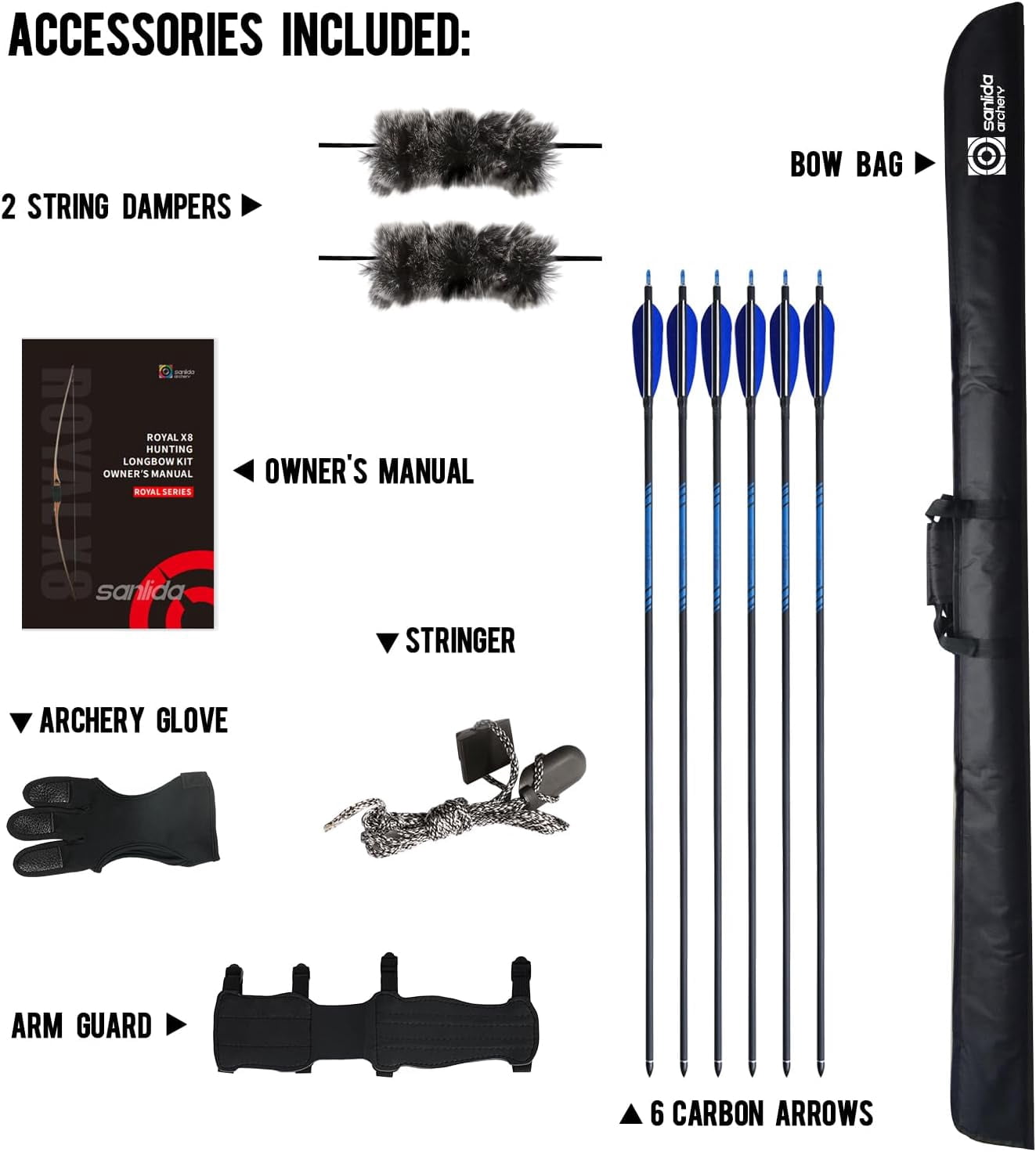 Sanlida Archery 68” Royal X8 Longbow Traditional Wooden Hunting Bow Handmade Hunting Bow and Arrows kit for Adults & Traditional Archers, RH Only (50lbs, Right Hand)