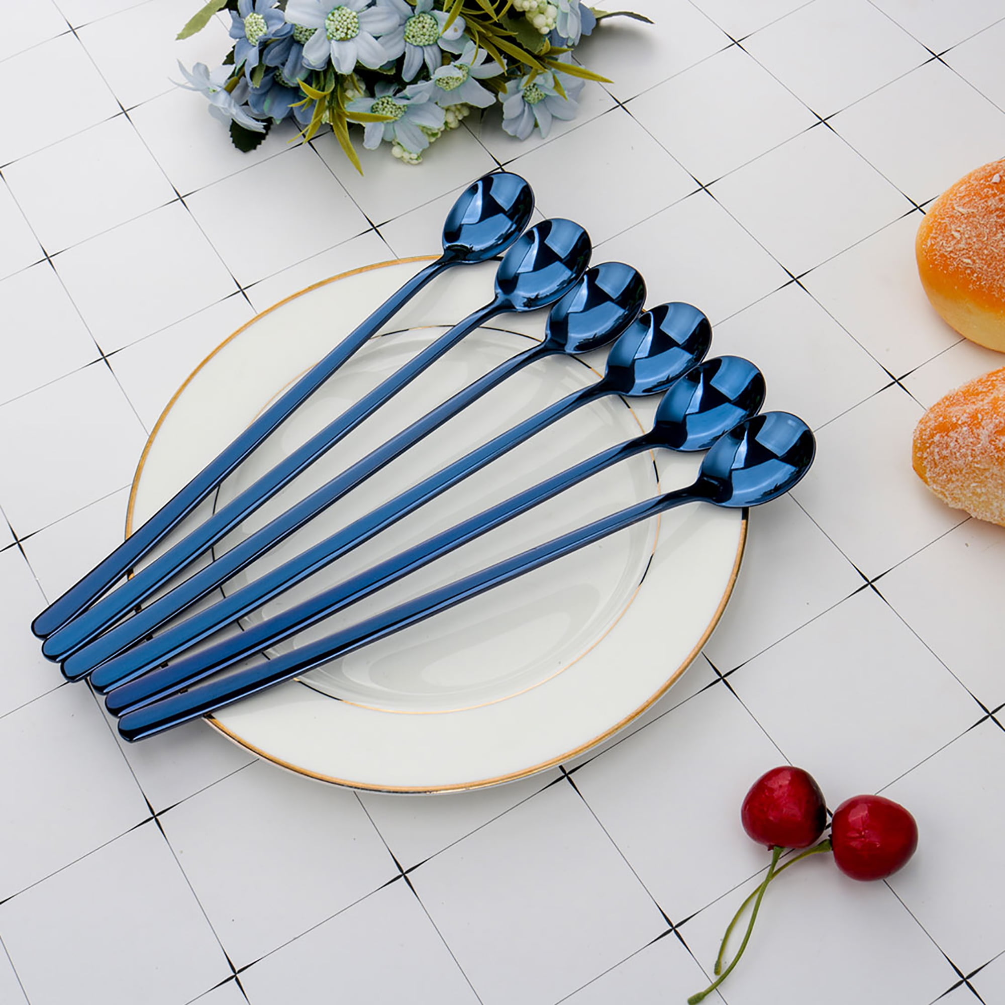 6pcs Long Handle Ice Cream Spoon 9.4" Stainless Steel Scoop Stirring